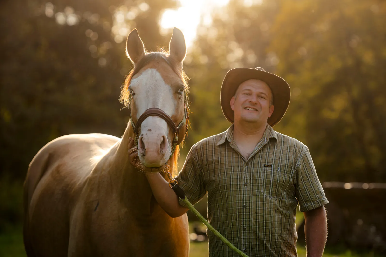 Holger mit einem Pferd im Abendlicht